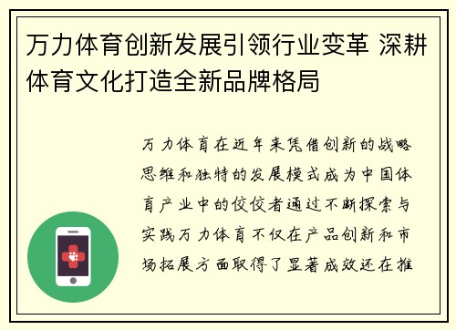 万力体育创新发展引领行业变革 深耕体育文化打造全新品牌格局